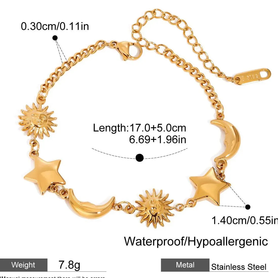 Stainless Steel Star Moon Sun Bracelet for Women Girls Gold Adjustable Chain Bangle Jewelry