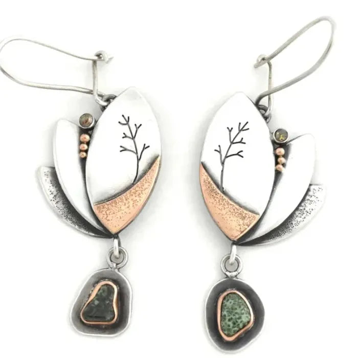 Silver Rose Gold Oval Tree Geometry Long Dangle Earrings for Women Zinc Alloy Jewelry