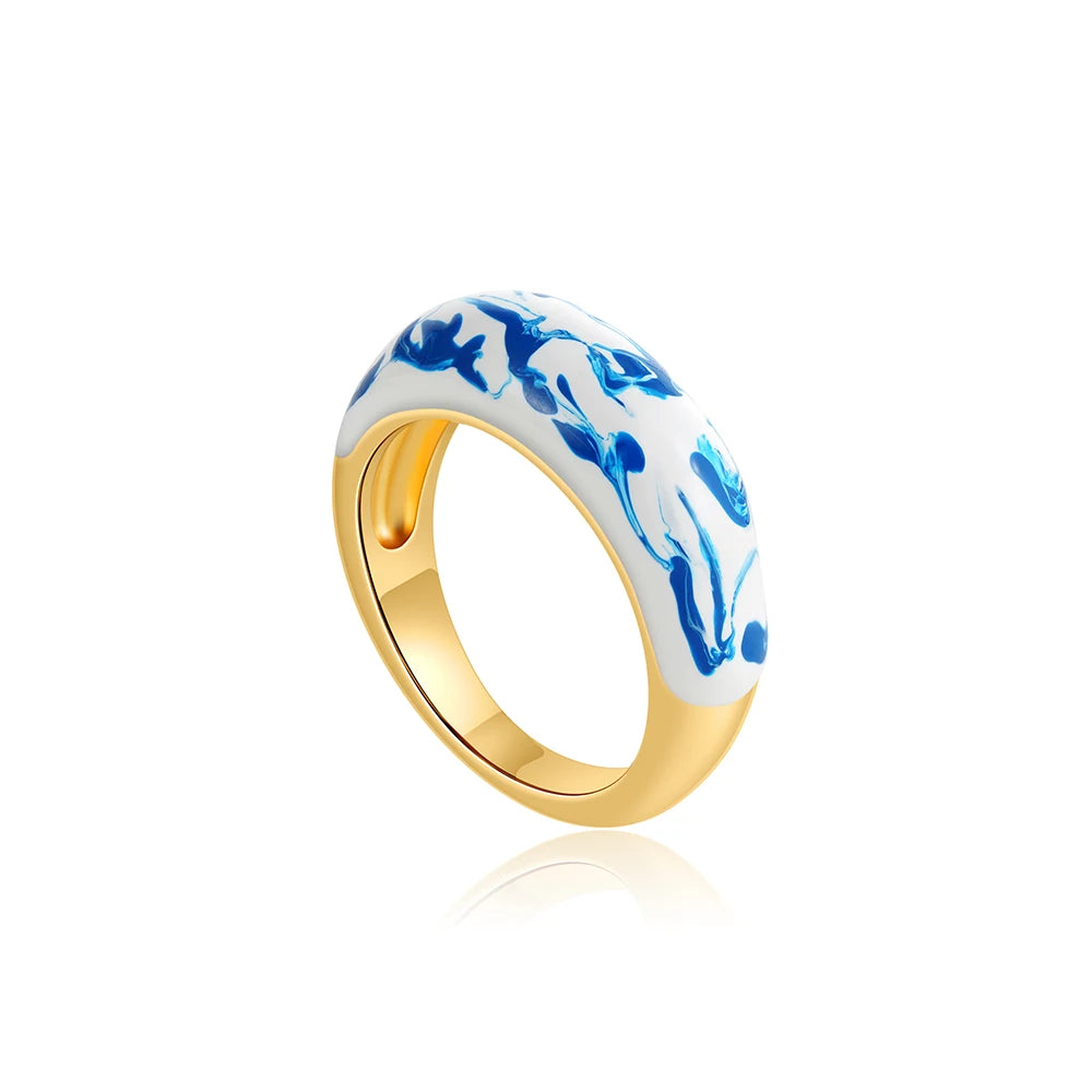 Minimalist White Blue Enamel Circular Knuckle Ring 18K Gold Plated Stainless Steel