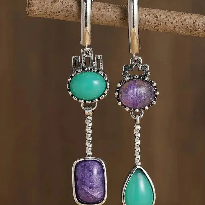 Retro Asymmetric Waterdrop Deep Blue Flower Zinc Alloy Drop Earrings