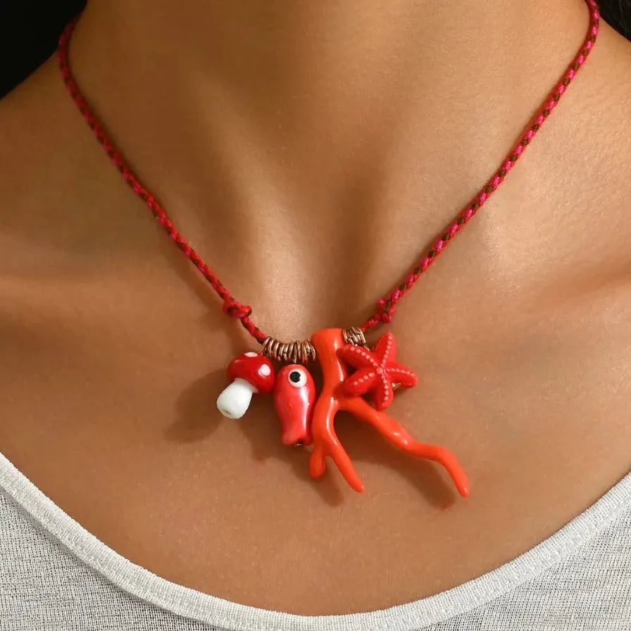 18k Gold Plated Ocean Coral Fish Pendant Necklace Adjustable Rope Choker Women