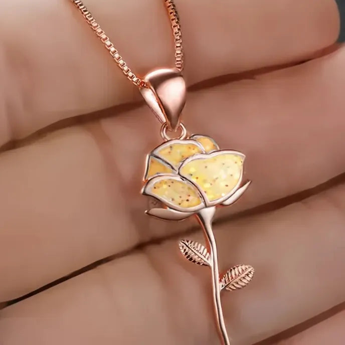 Yellow Rose Flower Pendant Necklace for Women Copper Alloy Rose Gold Jewelry Wedding Engagement Party