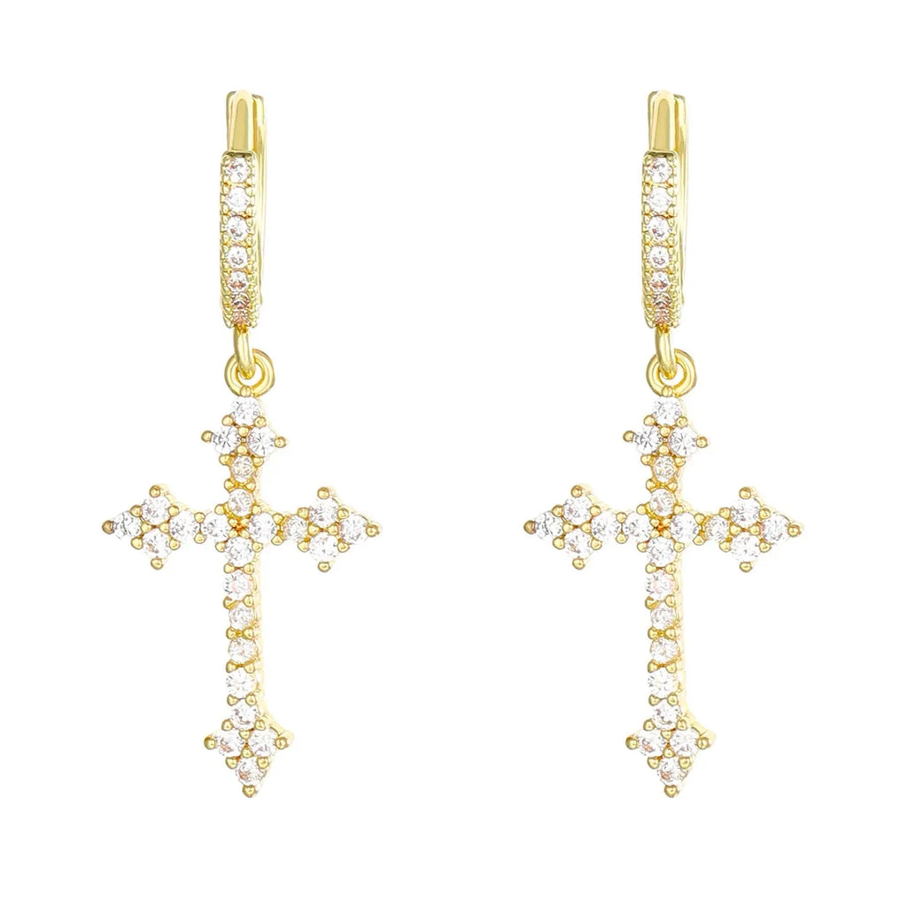 Punk Rhinestone Cross Drop Earrings Kpop Grunge Egirl Fashion Jewelry
