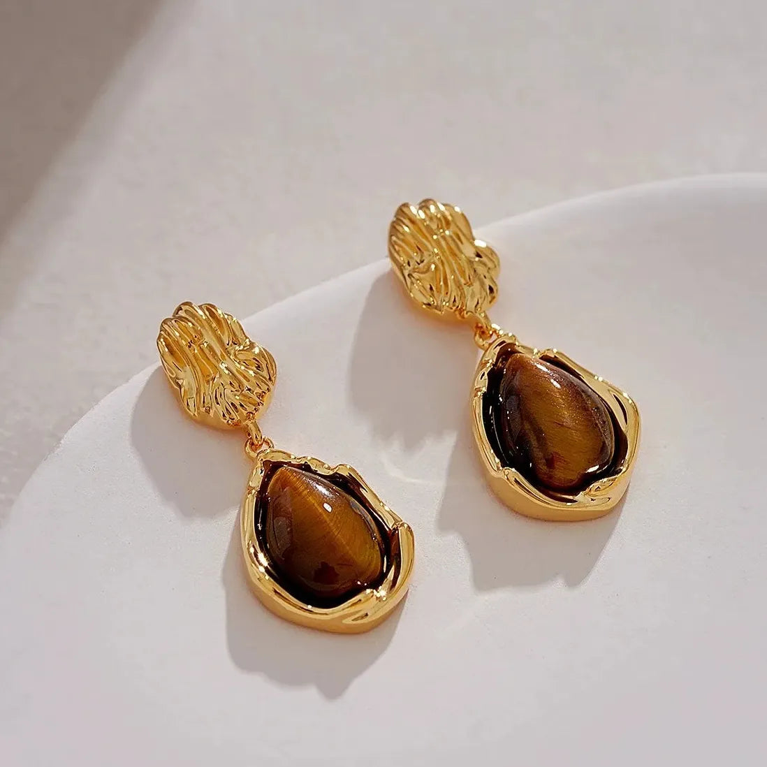 Vintage Tiger's Eye Stone Round U-Shaped Hoop Earrings for Women Jewelry