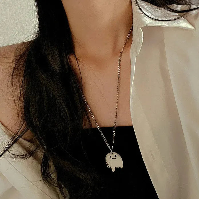 Stainless Steel Geometric Sad Ghost Pendant Necklace Unisex Gift