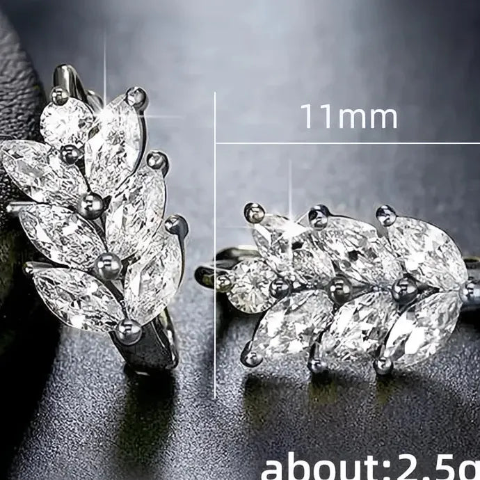 Leaf Shape Hoop Earrings with Marquise White Cubic Zirconia, Brass Alloy