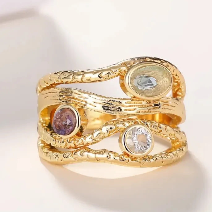 Women’s Irregular Geometric Zinc Alloy Ring with Colored Glass Stone Wedding Band