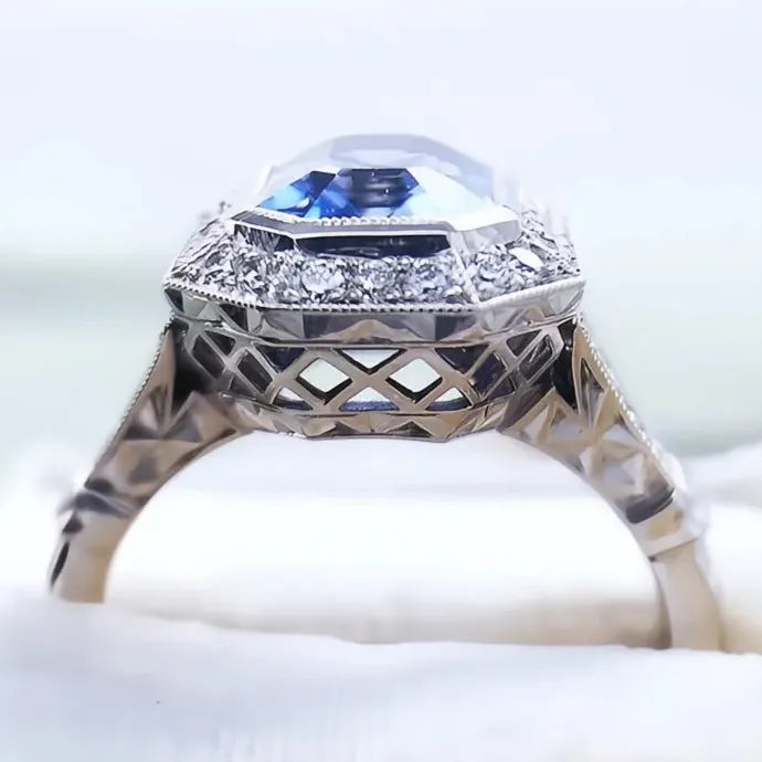 Geometric Blue Cubic Zirconia Brass Engagement Wedding Ring for Women