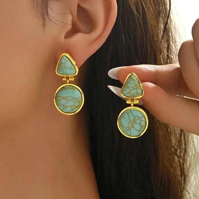Bohemian Style Retro Geometric Turquoise Zinc Alloy Drop Earrings for Women