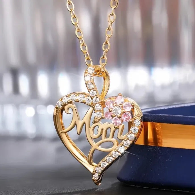 Mother's Day Pendant Necklace for Mom Copper Alloy Pink Flower CZ Jewelry
