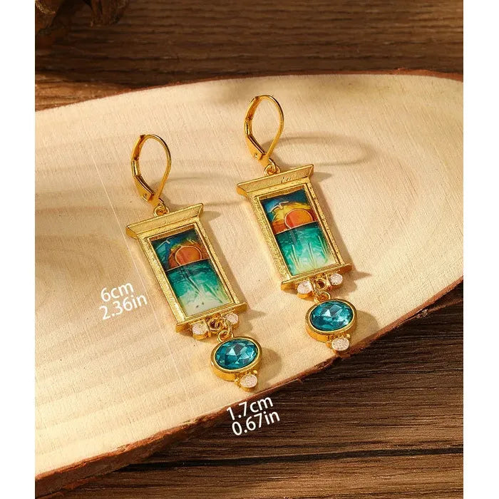 Vintage Gold Zinc Alloy Blue Gemstone Pendant Drop Earrings for Women Parties Engagements