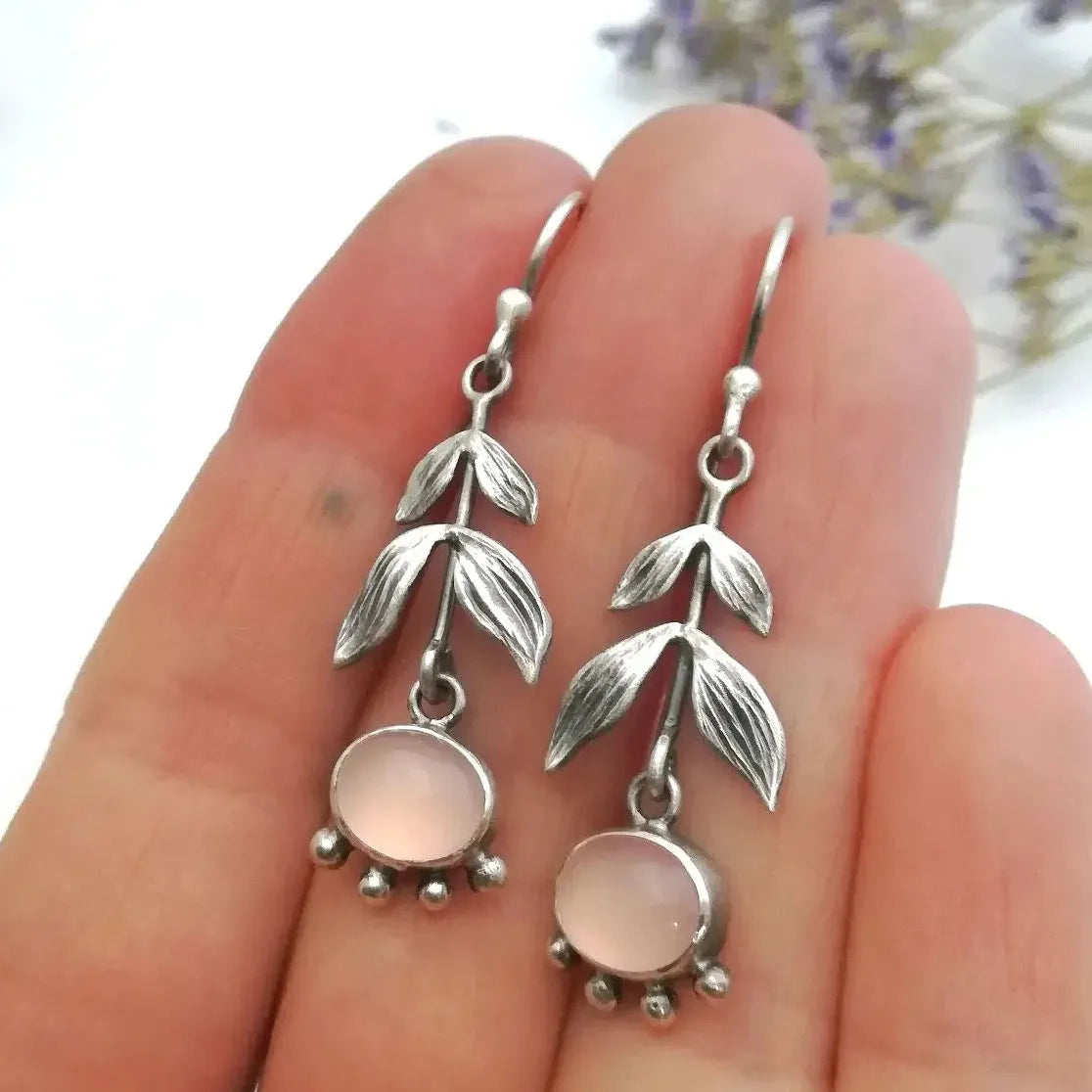 Vintage Ethnic Pink Leaf Crystal Drop Earrings for Women Zinc Alloy Jewelry