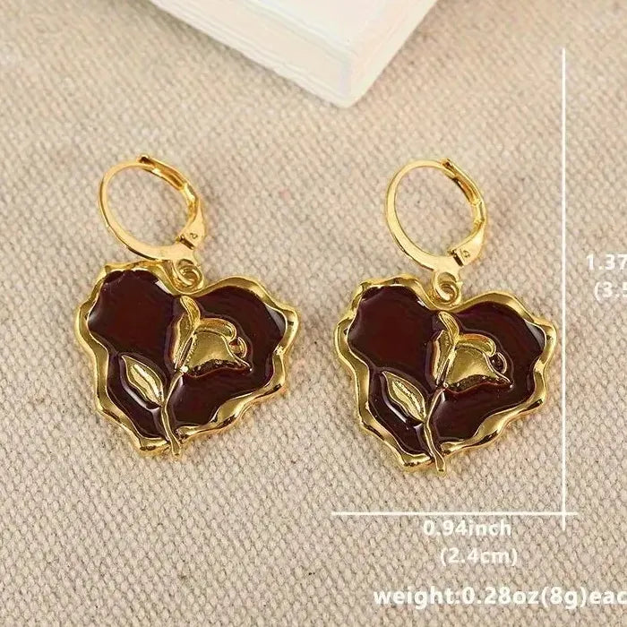 Golden Heart Flower Drop Earrings for Women Zinc Alloy Romantic Gift Jewelry