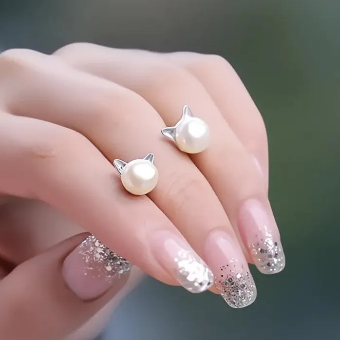 Geometric Cat Ear Imitation Pearl Stud Earrings for Women Brass Jewelry