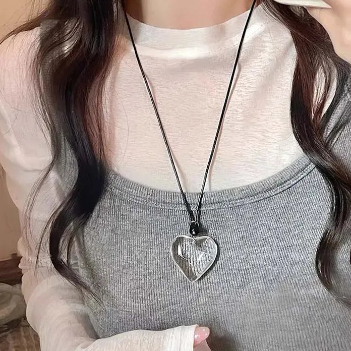 Round Hollow Pendant Necklace for Women Black Leather Rope Sweater Chain Geometric Design