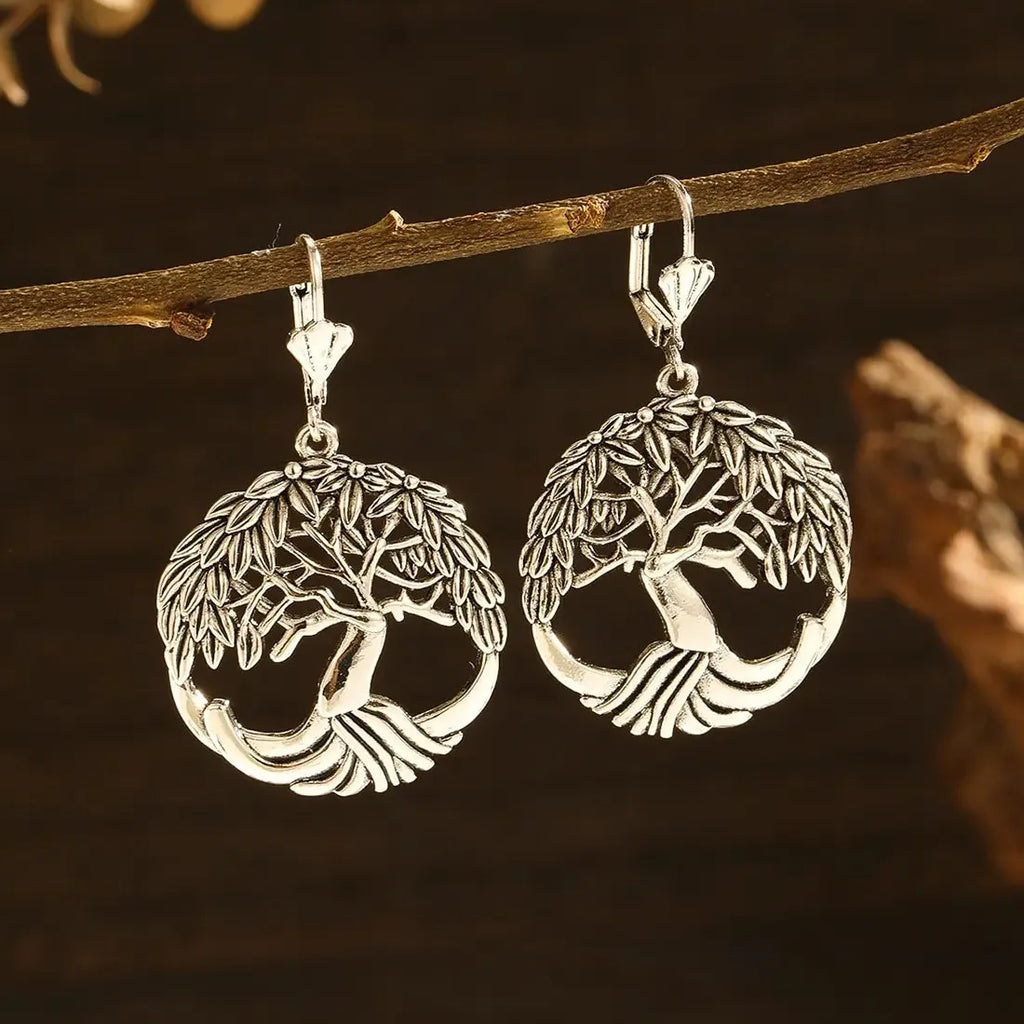 Silver Retro Round Tree Pendant Necklace and Earrings Set for Women Jewelry Gift