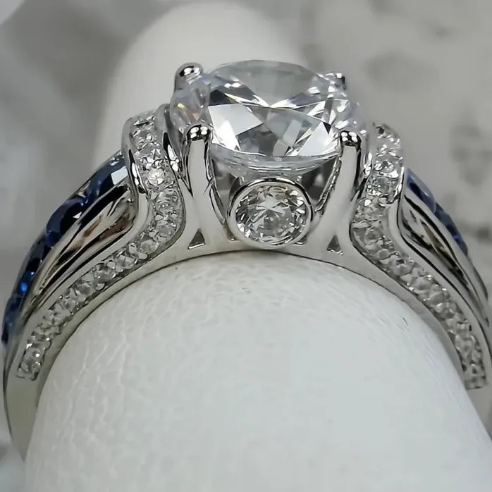 Elegant Brass Blue White CZ Geometric Wedding Band Ring for Women Gift