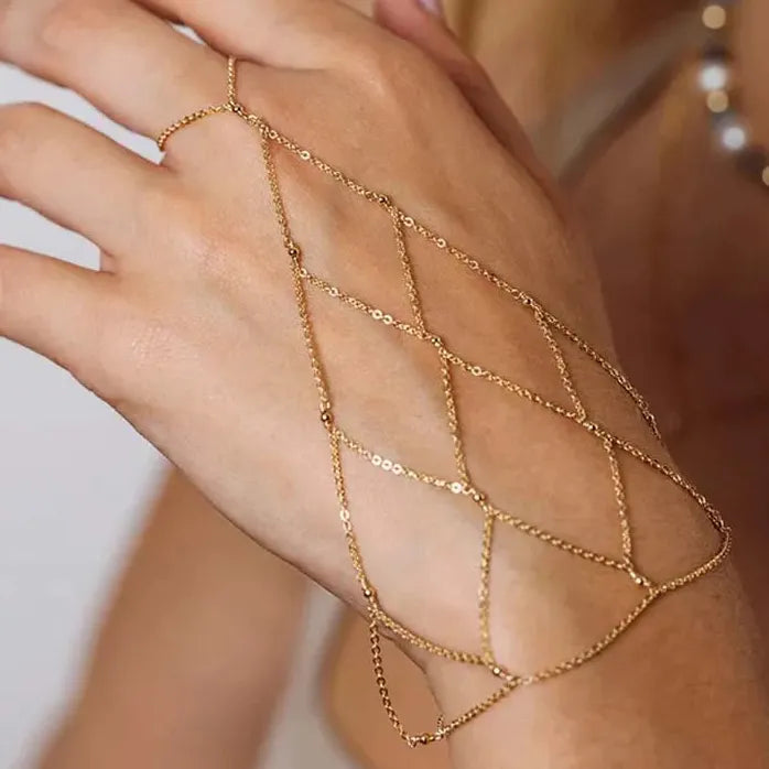 Bohemian Gold Mesh Hand Chain Bracelet Ring for Women Copper Rhinestone Bridal Gift