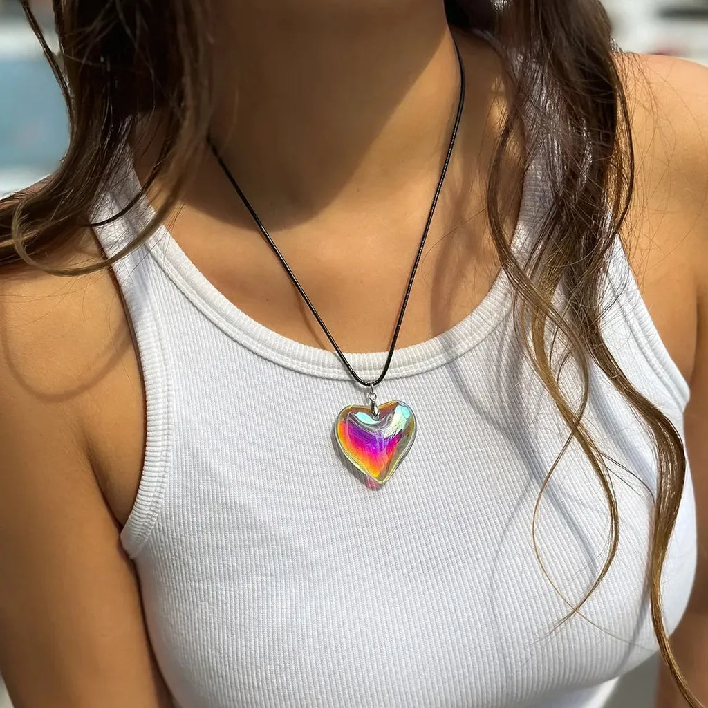 Gothic Pink Heart Pendant Choker Necklace Waterproof Rope Chain for Women