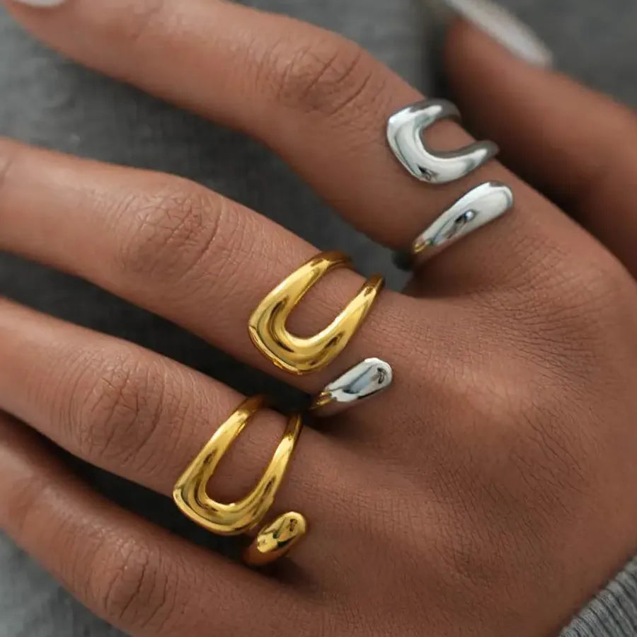 Vintage Stainless Steel U-Shaped Water Droplet Ring Minimalist Cocktail Jewelry
