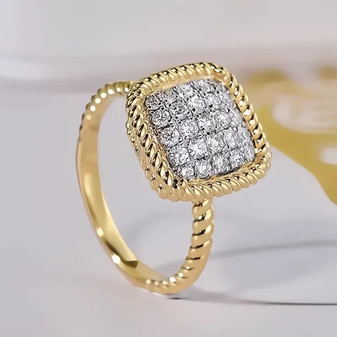 Modern Two-Tone Brass Women’s Wedding Band Ring Square Shape Cubic Zirconia Jewelry