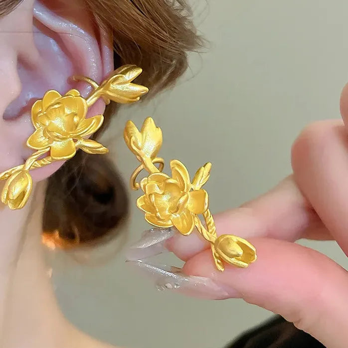 Vintage Matte Copper Jasmine Plant Stud Earrings Art Deco Unisex Jewelry