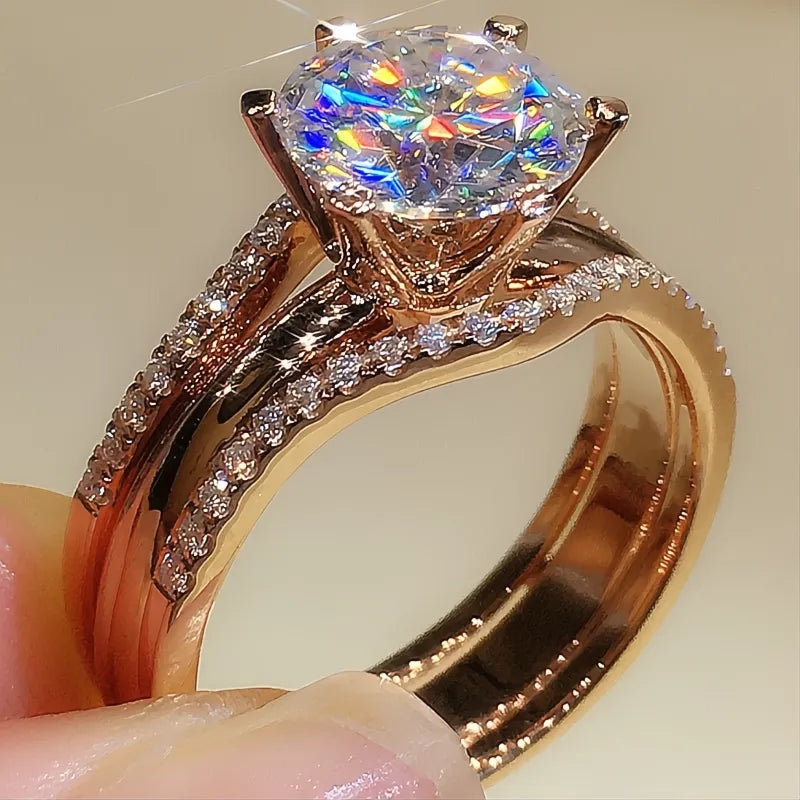 Unique Rose Gold Cubic Zirconia Rings for Women Classic 6 Claw Prong Wedding Engagement Bands