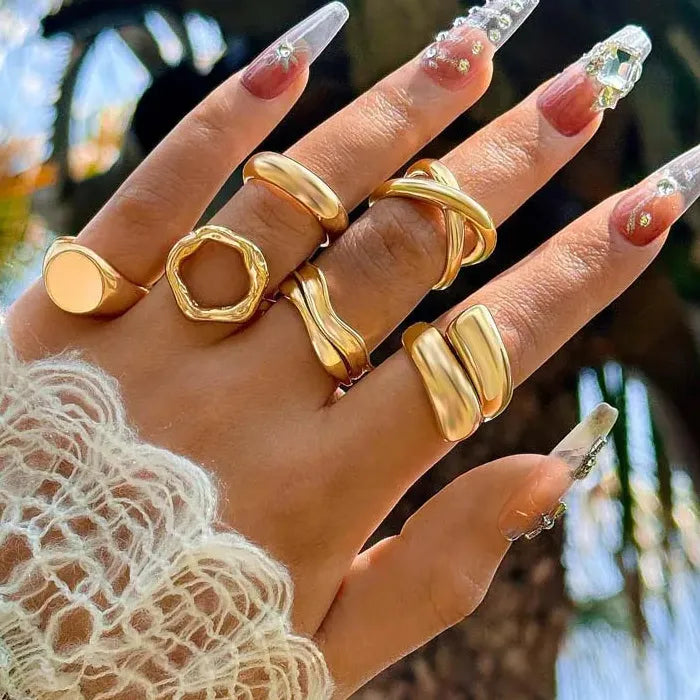 6Pcs Gold Geometric Open Mood Tracker Rings Set for Women Fashion Jewelry