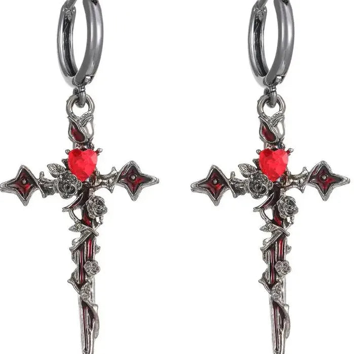 Cross Crystal Hoop Earrings Punk Thorn Rose Dripping Oil Cross Jewelry for Women Men