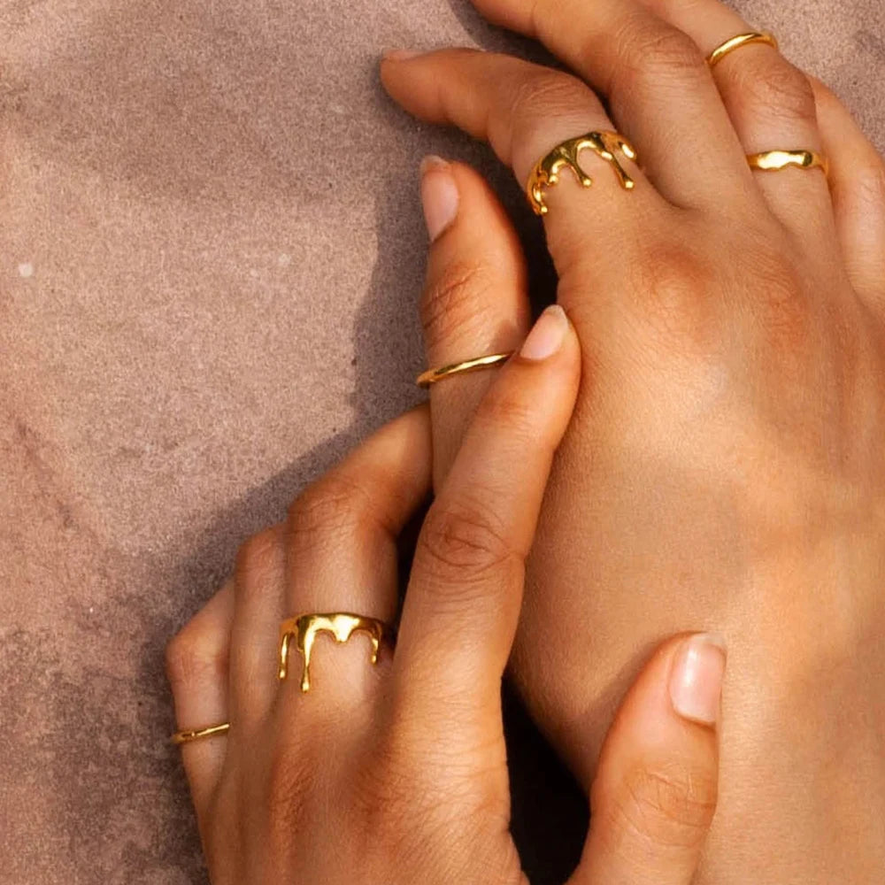 18K Gold Plated Stainless Steel Geometric Lava Melt Waterdrop Ring Bride Wed Party