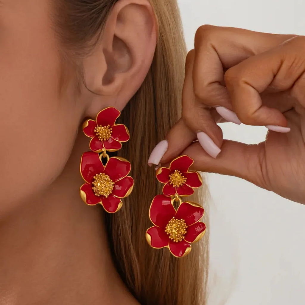 White Enamel Petal Dangle Earrings for Women Vintage Flower Jewelry