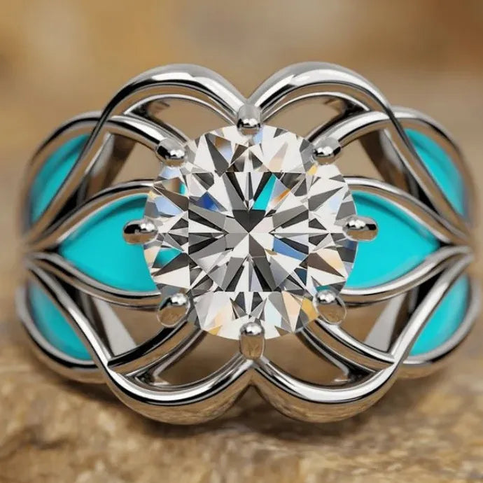 Luxury Zinc Alloy Metal Flower Hollow Ring with Round Crystal Zircon for Women
