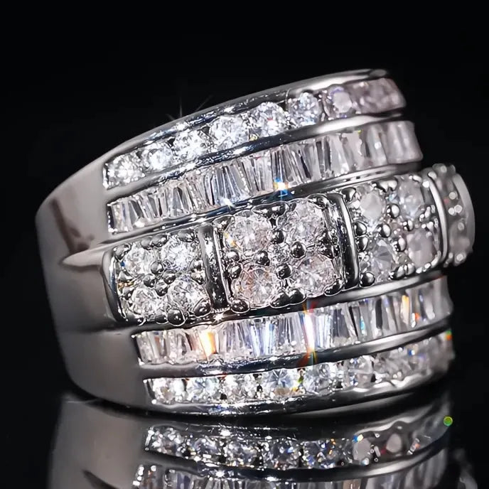 Silver Wide Cocktail Ring for Women with Bright Cubic Zirconia Inlay, Trendy Brass Party Jewelry