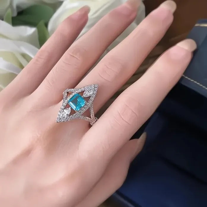 Hyperbole Marquise Blue Cubic Zirconia Brass Wedding Ring for Women