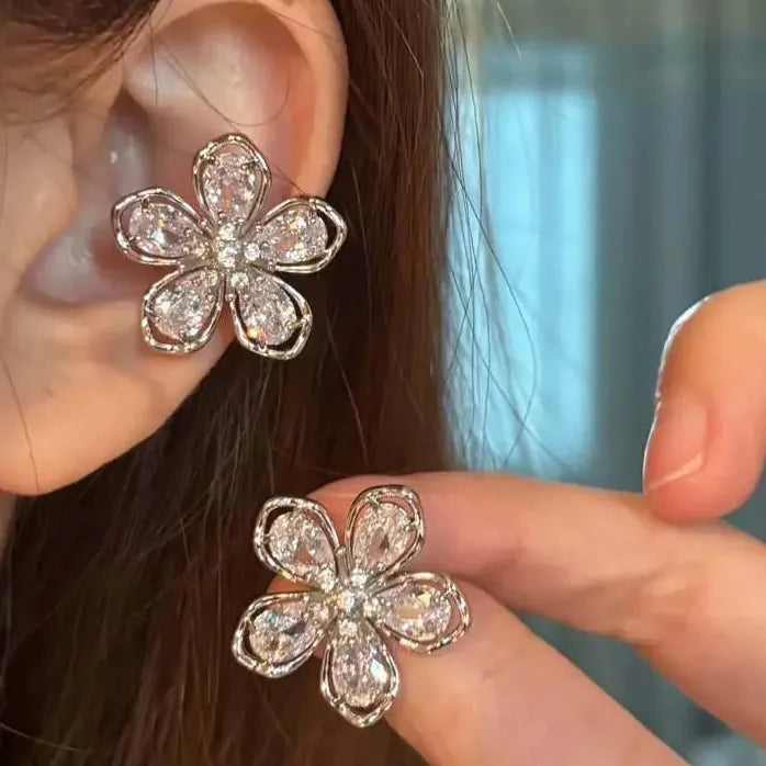 Delicate Zircon Hollow Five Petal Flower Clip Earrings Ear Cuff Women Gift