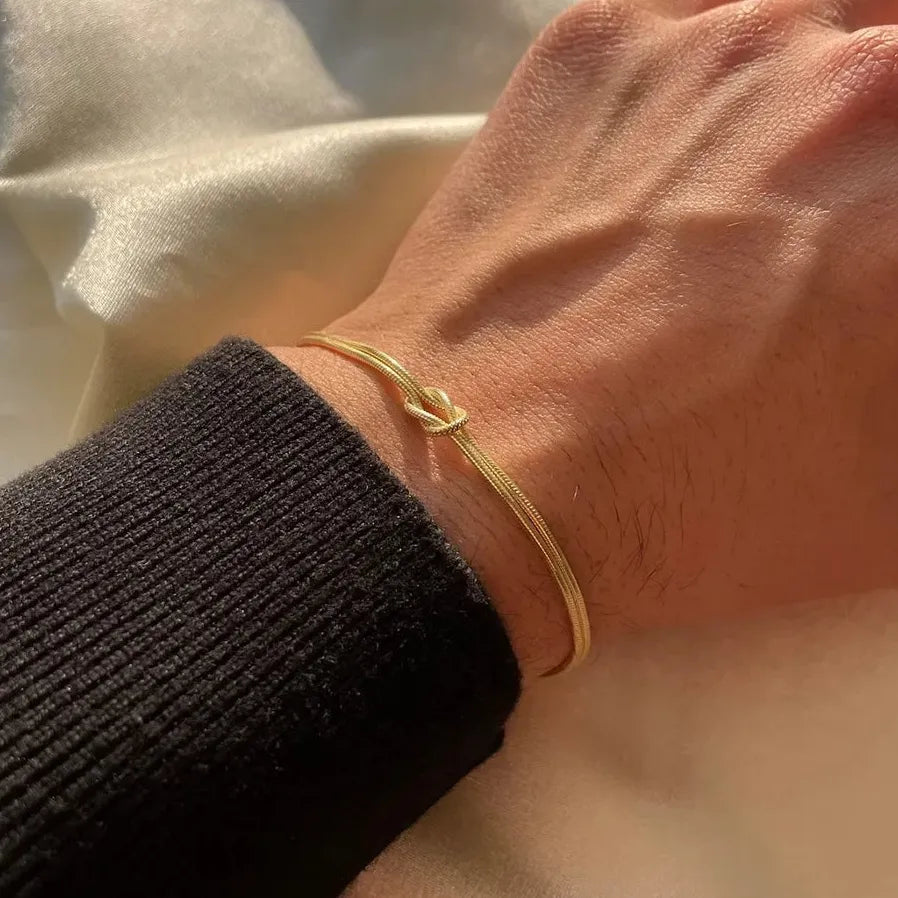 Gold & Silver Thin Snake Chain Couple Bracelet Stainless Steel Knot Unisex Bangle