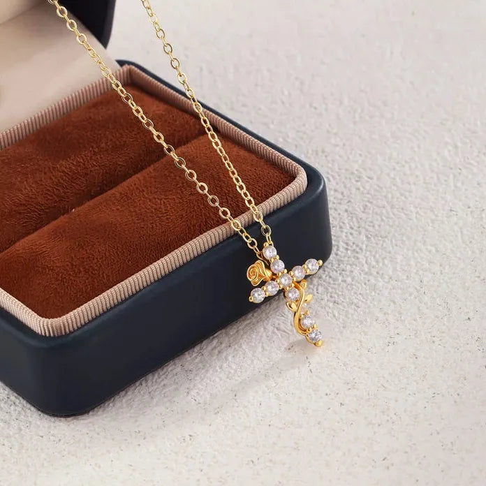 Zircon Cross Pendant Necklace for Women Gold Rose Trendy Fashion Jewelry