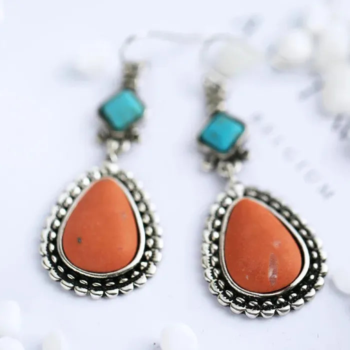 Retro Silver Water Drop Earrings Long Resin Zinc Alloy Women's Jewelry