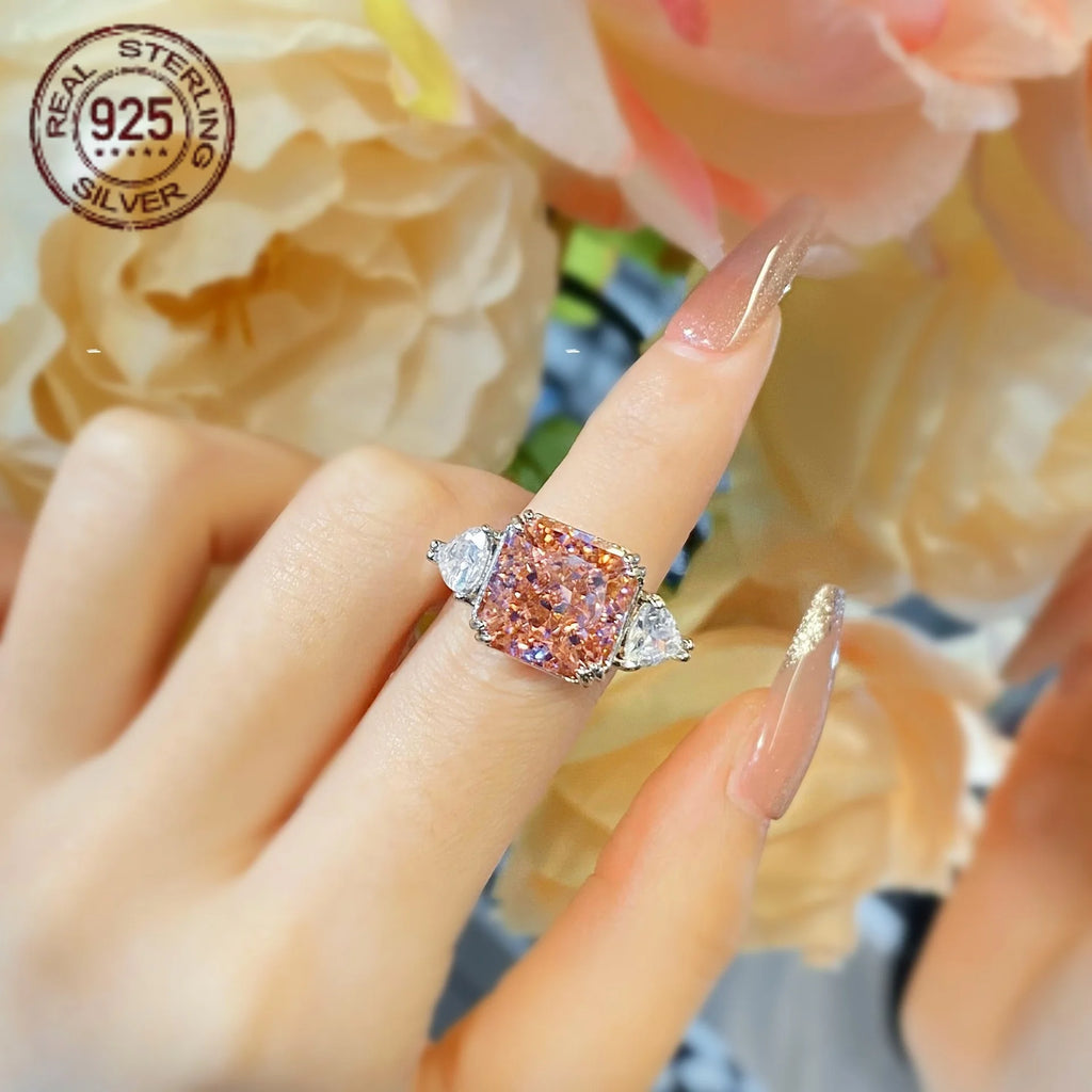 12MM Square Ice Flower Yellow Citrine Ring 925 Sterling Silver Women