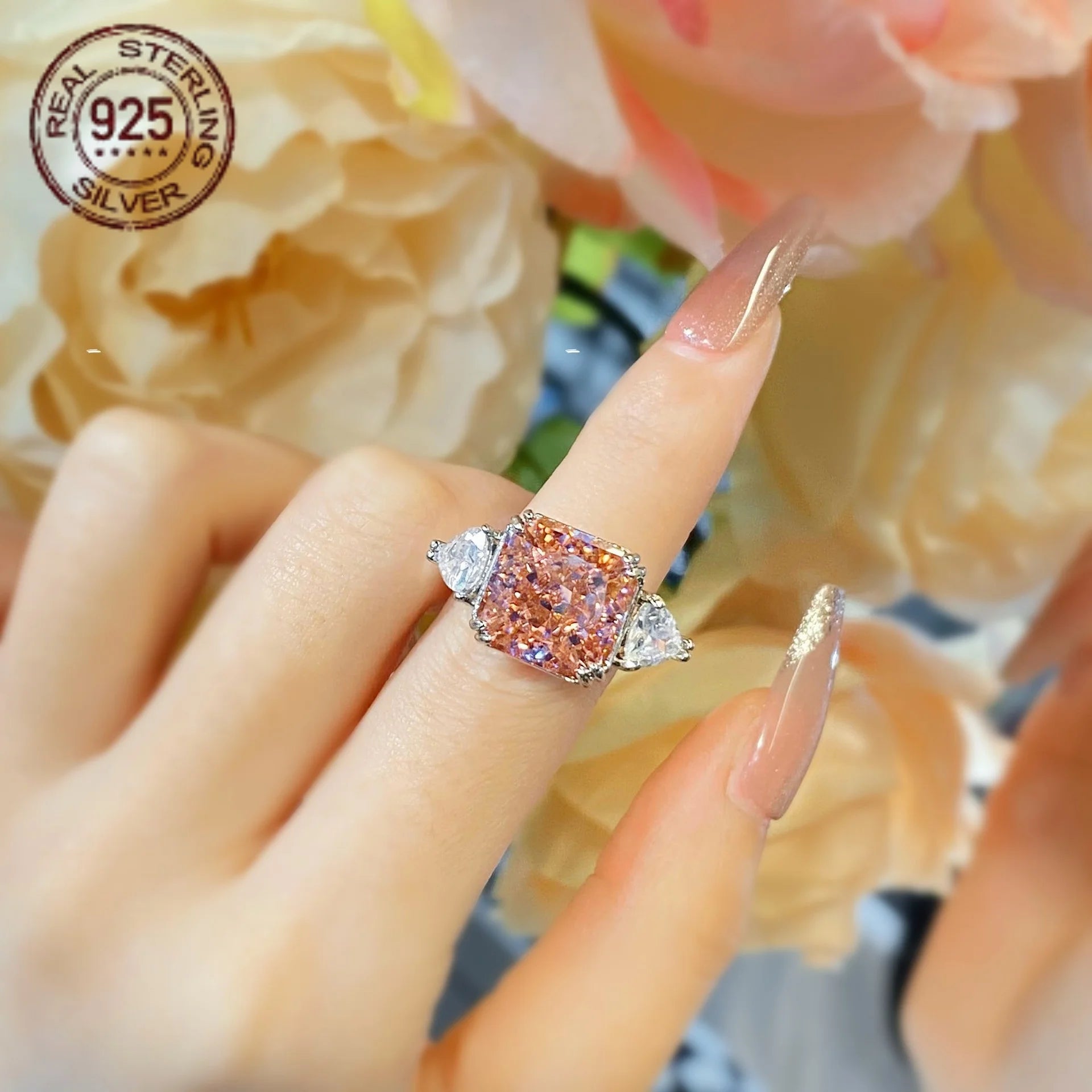 12MM Square Ice Flower Yellow Citrine Ring 925 Sterling Silver Women