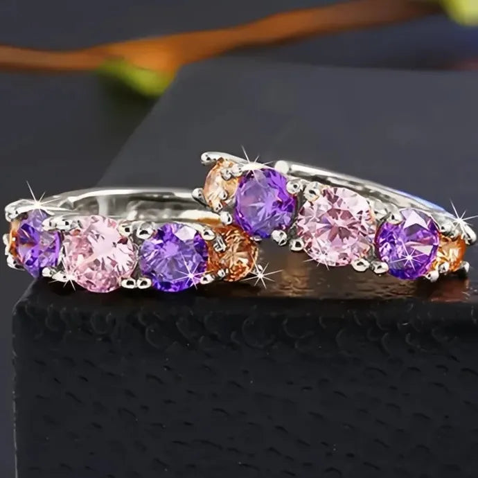 Purple Geometric Copper Alloy Cubic Zirconia Hoop Earrings for Women Party