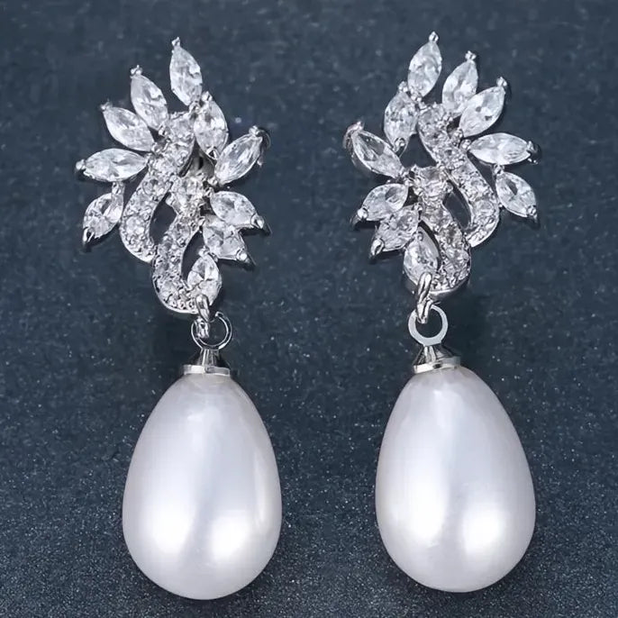 Geometric Water Drop Pearl Earrings with CZ Inlay Copper Alloy Jewelry for Women