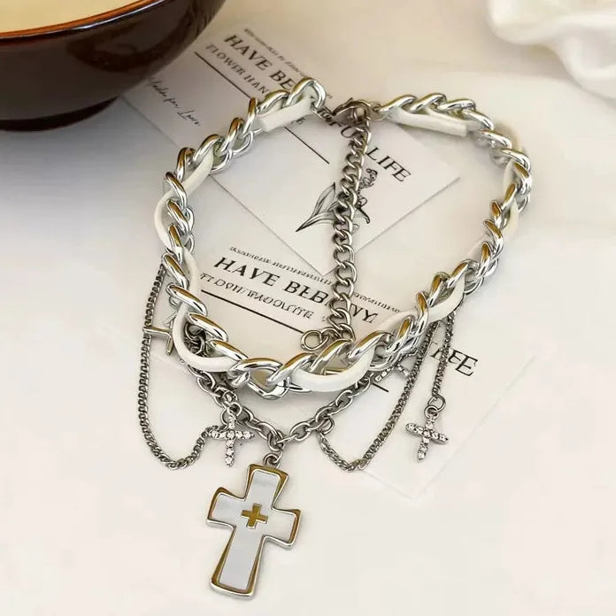 Adjustable Y2K White Zircon Cross Rivet Star Tassel Leather Choker Necklace