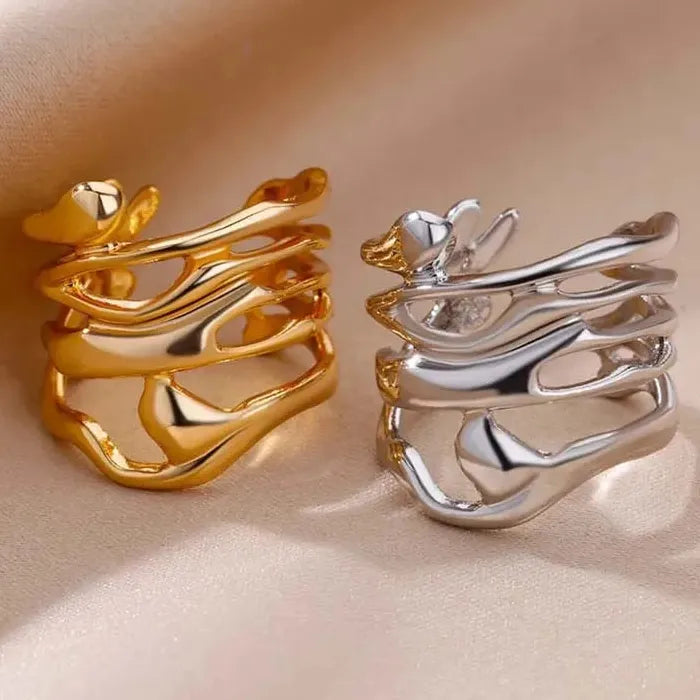 Adjustable Stainless Steel Skeleton Ring Gold Color Wide Band Women Men Jewelry