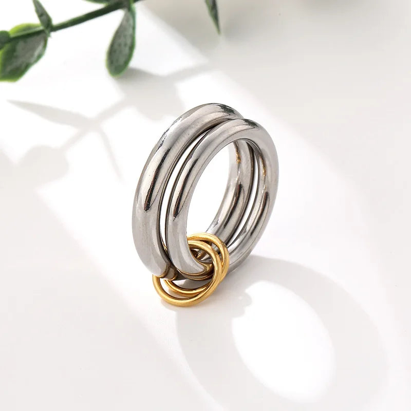 18K Gold Plated Stainless Steel Double Round Finger Ring for Women Waterproof Hiphop Jewelry