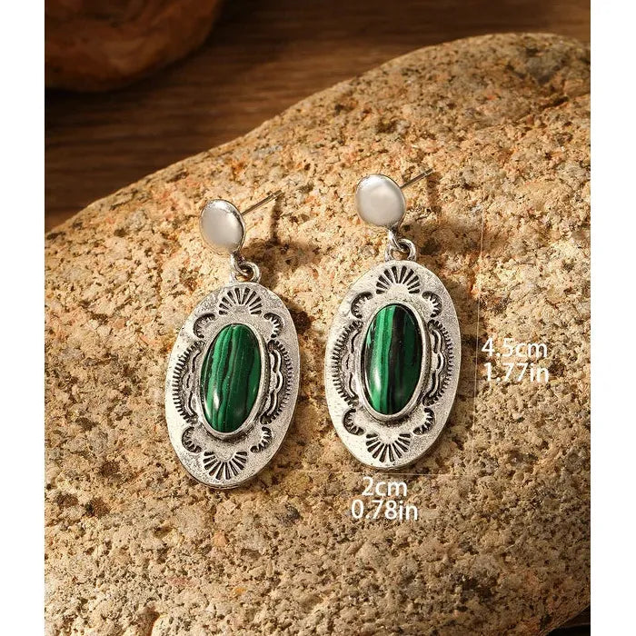 Vintage Bohemian Geometric Green Gemstone Pendant Earrings for Women Zinc Alloy