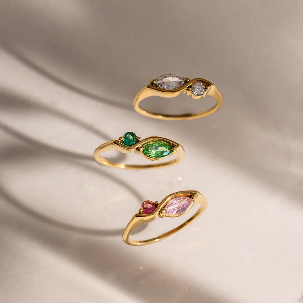 18k Gold Plated Marquise Two Stone Ring Thin Band Zircon Engagement Gift