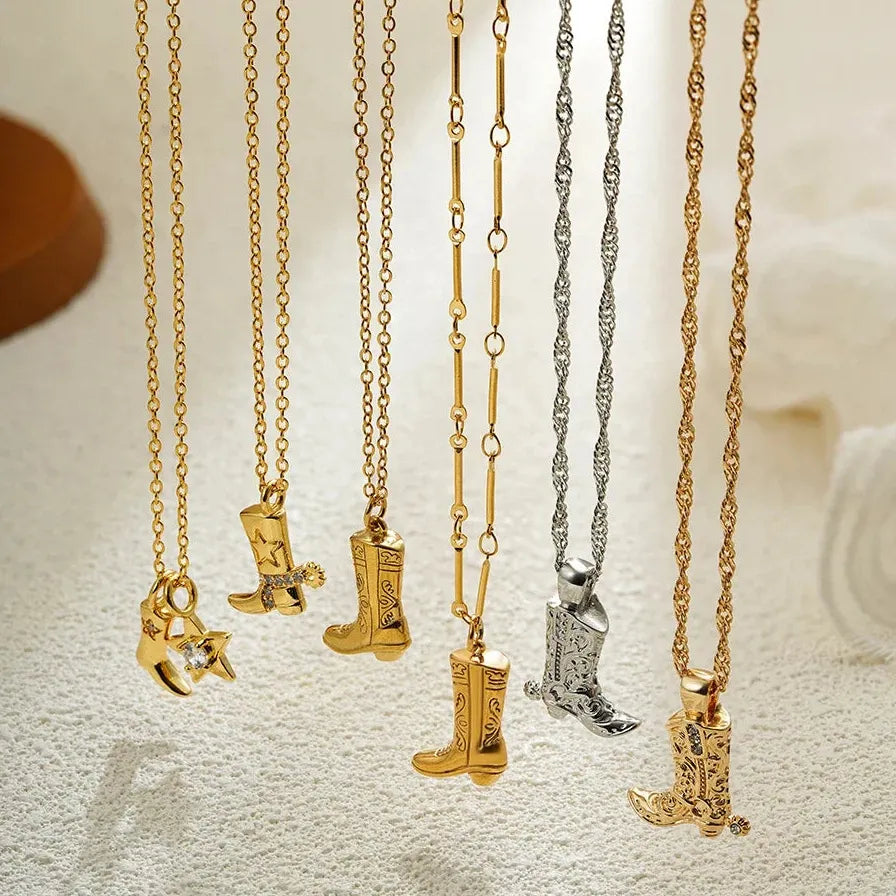316 Stainless Steel Cowboy Boot Pendant Necklace 18K Gold Plated Gift Jewelry