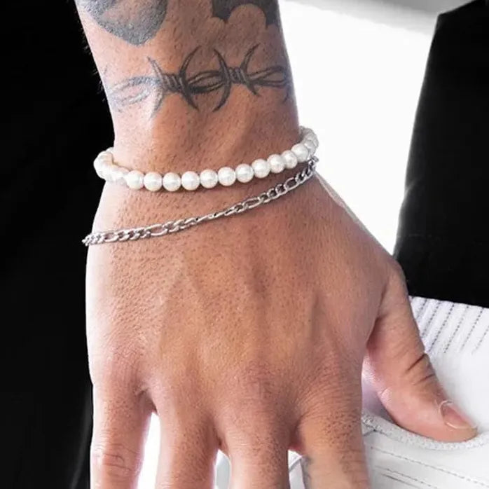 Handmade Classic Figaro Imitation Pearl Chain Bracelet for Women Jewelry Gift