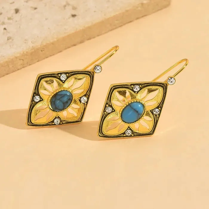 Vintage Ethnic Diamond Hollow Sunflower Drop Earrings with Synthetic Turquoise for Women